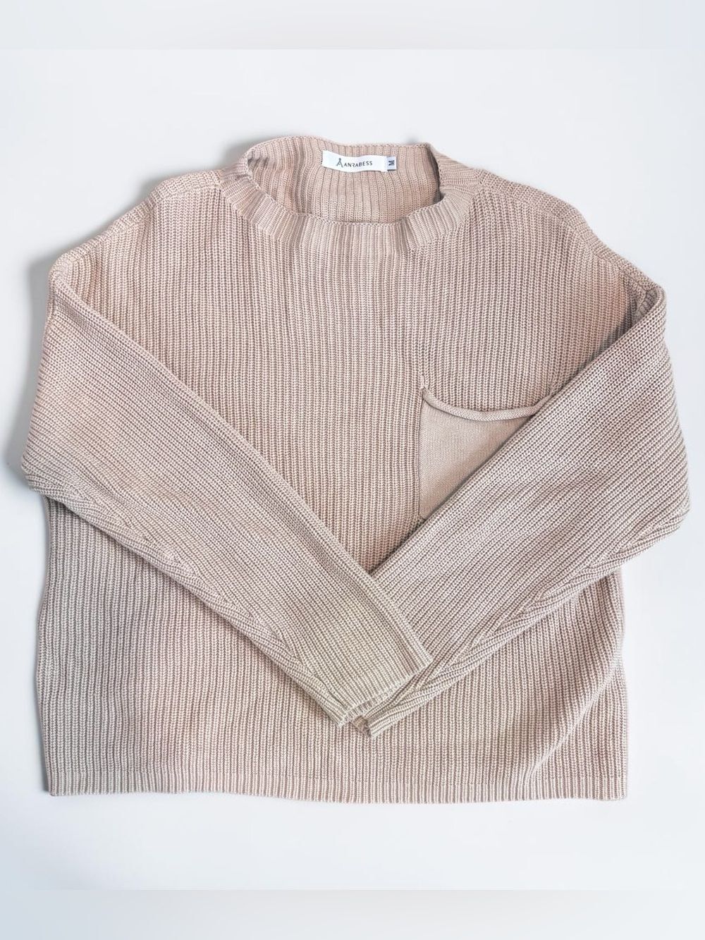 Anrabess Beige Rib Knit Sweater Womens Medium Long Sleeve Pocket Pullover
